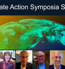 The last of MIT’s six Climate Action Symposia, What is the World Waiting For? Policies to Fight Climate Change, was held virtually on Nov. 16, 2020. From left to right: L. Rafael Reif, Katherine Castor, John Podesta, Paul Joskow, Todd Stern, and John Deutch.