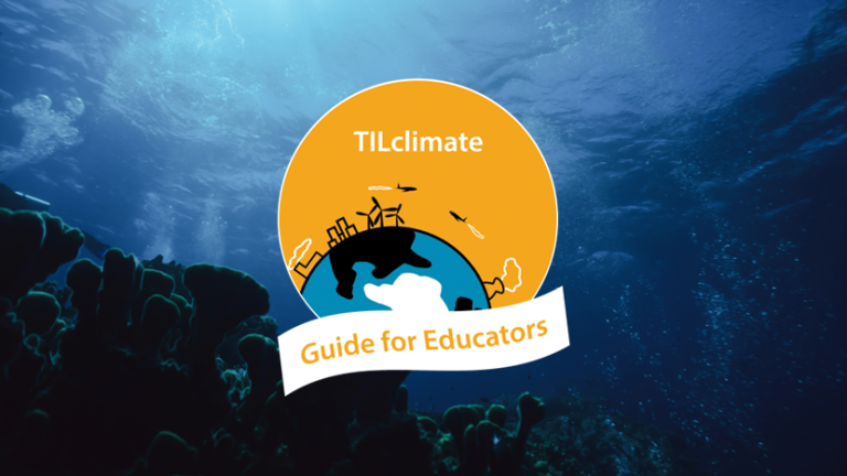 Underwater photo with dark coral in foreground. TILclimate Guides for Educators Logo. Photo by Jim Beaudoin on Unsplash