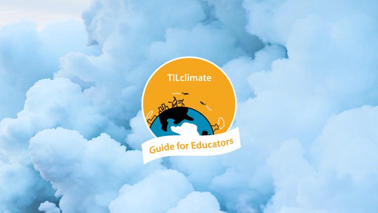 A cloudy sky, with the amber-colored TIL climate Guide for Educators logo superimposed.
