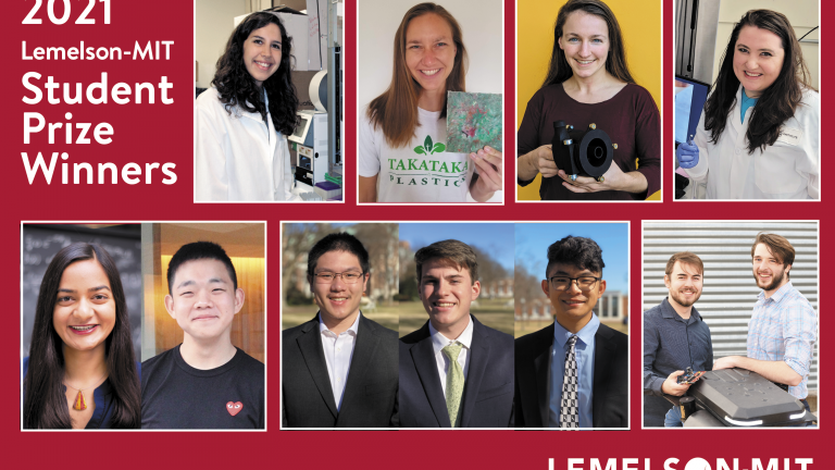 The 2021 Lemelson-MIT Student Prize Winners. Top, left to right: Mira Moufarrej, Paige Balcom, Hilary Johnson, Nicole Black. Bottom, left to right: Maya Burhanpurkar and Seung Hwan An; Michael Lan, Bruce Enzmann, and Anson Zhou; Benjamin Johnson and Zane Zents.