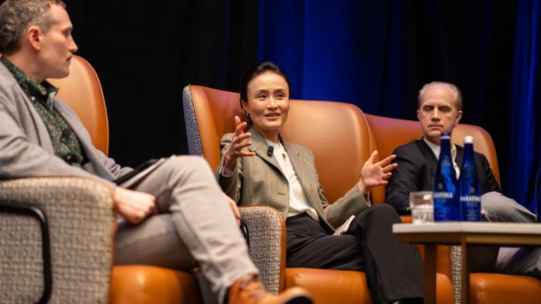 During a panel at the 2025 MIT Energy Conference, Lucia Tian (center), head of clean energy and decarbonization technologies at Google, discusses the challenges and opportunities that AI and rapid electrification bring to electricity demand.