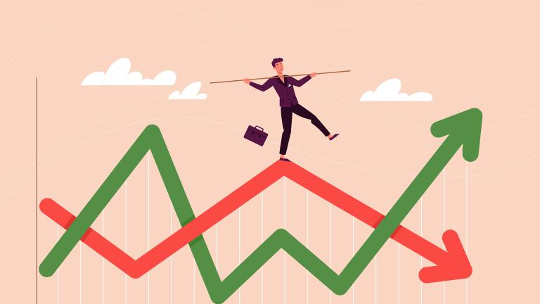A person trying to keep balance on a price chart.