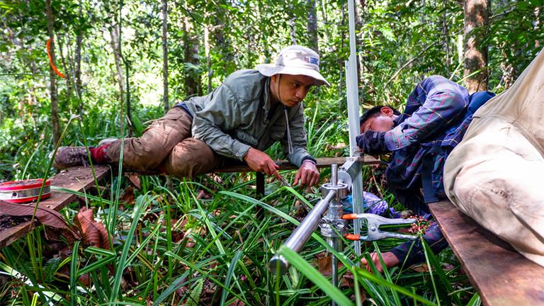 Researchers conduct carbon monitoring in a peat swamp forest in Central Kalimantan, Indonesia in 2017.