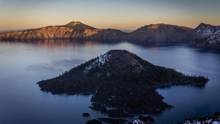 Wizard Island sits in the caldera of Crater Lake on Oct. 16, 2021.