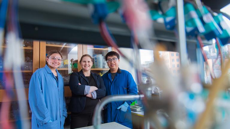 Professor Ariel Furst (center), undergraduate Rachel Ahlmark (left), postdoc Gang Fan (right), and their colleagues are employing biological materials, including DNA, to achieve the conversion of carbon dioxide to valuable products.