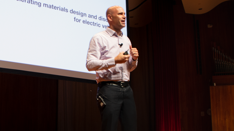 Brian Storey, director of accelerated materials design and discovery at Toyota Research Institute, speaks at the MIT MRL Materials Day Symposium.