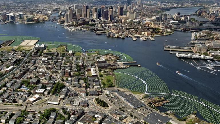 Aerial view photo montage of the Emerald Tutu in Boston Harbor, here shown flanking and protecting the waterfront areas of East Boston.