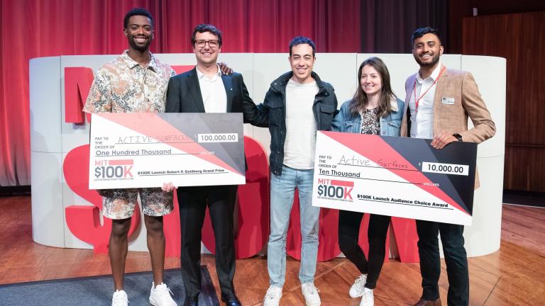 The founders of Active Surfaces, including (second from left) Richard Swartout and (far right) Shiv Bhakta, celebrate winning this year’s MIT $100K Entrepreneurship Competition (and the audience choice award) with summer interns from MIT’s Sloan School of Management, who include (far left) Khalid McCaskill, (center) Thomas Luly, and second from right Jeanne Pidoux.
