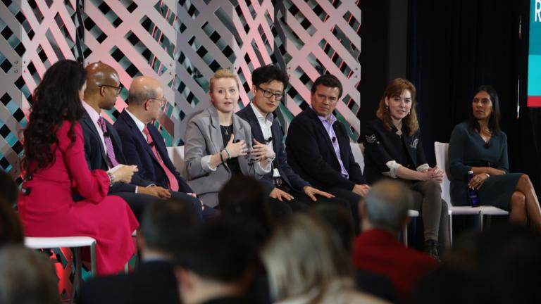 At a symposium exploring the theme “Where Big Ideas Come From — and Why They Matter,” MIT faculty presented their research and shared their perspectives on how MIT can cultivate ideas and innovations to meet the major challenges of the world today. Left to right: Linda Henry (moderator), Cullen Buie, Andrew Lo, Anne White, Jinhua Zhao, Pablo Jarilllo-Herrero, Dina Katabi, Sangeeta Bhatia
