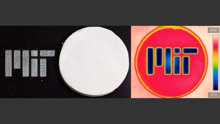 In the photo on the left, a disk of the new insulating material blocks and reflects visible light, hiding the MIT logo beneath it. But seen in infrared light, at right, the material is transparent and the logo is visible.