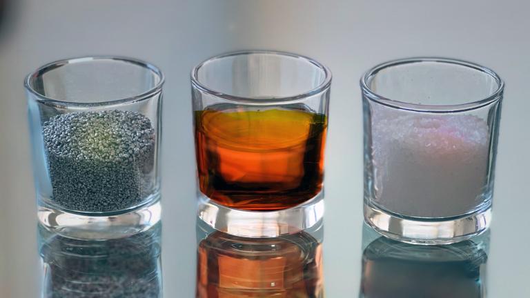 The three primary constituents of the battery are: left, aluminum; center, sulfur; and right, rock salt crystals. All are domestically available Earth-abundant materials not requiring a global supply chain.