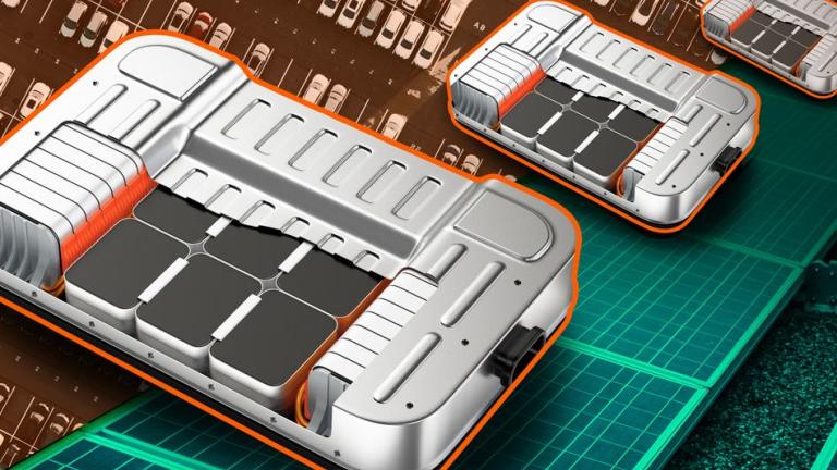 An MIT study shows that electrical vehicle batteries could have a useful and profitable second life as backup storage for grid-scale solar photovoltaic installations, where they could perform for more than a decade in this less demanding role. This image shows a ‘cut-away’ view of a lithium-ion battery over a background of cars and solar panels.