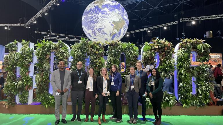 Members of MIT’s COP26 delegation stand for a portrait on Nov. 8. Approximately 20 individuals from MIT attended the conference. Left to right: Luis Gilberto Murillo-Urrutia, John Fernández, and Marcela Angel of the Environmental Solutions Initiative; Bethany Patten of the Sloan Sustainability Initiative; Martha Broad of the MIT Energy Initiative; graduate students Iulia-Madalina Streanga and Andreas Haupt; and postdoc Deepa Rao.