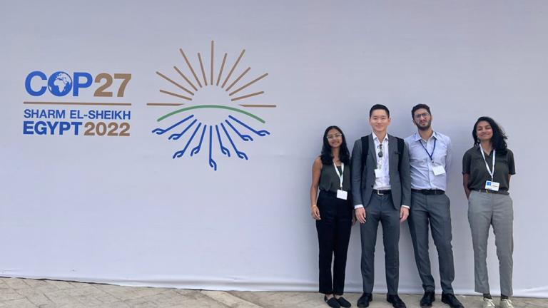MIT students who traveled to Sharm el-Sheikh, Egypt, for COP27 included (left to right) Anushree Chaudhuri, Evan Gao, Youssef Shaker, and Serena Patel.