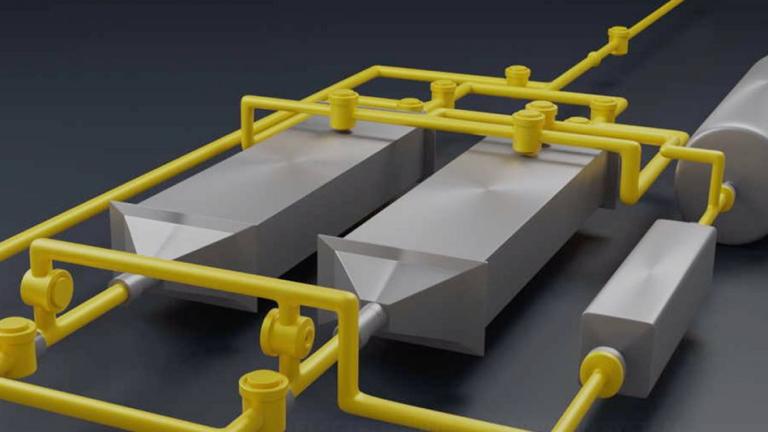 In this diagram of the new system, air entering from top right passes to one of two chambers (the gray rectangular structures) containing battery electrodes that attract the carbon dioxide. Then the airflow is switched to the other chamber, while the accumulated carbon dioxide in the first chamber is flushed into a separate storage tank (at right). These alternating flows allow for continuous operation of the two-step process.