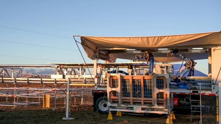 Prototypes of machines from Charge Robotics’ autonomously assemble sections of a solar farm as part of a pilot project in partnership with SOLV Energy.