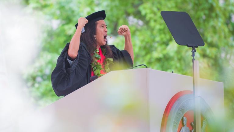 “Our limits will stretch as far as we dare,” poet Kealoha Wong ’99 told the classes of 2020 and 2021.