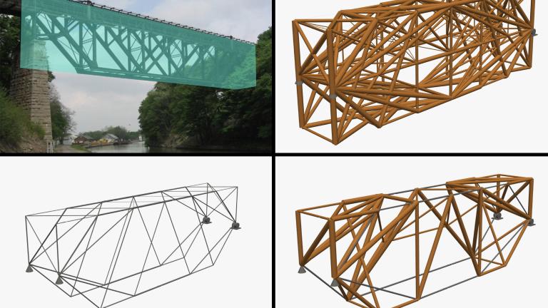 On top left is the Lockport truss bridge passing over the Erie Canal near Buffalo, New York. Researchers mimicked this structure, highlighted in teal blue, and created multiple timber-only designs (top left), steel-only designs (bottom left), and timber-steel designs.