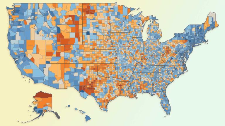 A new map shows which U.S. counties have the highest concentration of jobs that could be affected by the transition to renewable energy, based on new research by Christopher Knittel, the George P. Shultz Professor at the MIT Sloan School of Management, and Kailin Graham, of MIT’s Center for Energy and Environmental Policy Research. Counties in blue are less potentially affected by the energy transition, and counties in red are more potentially affected.