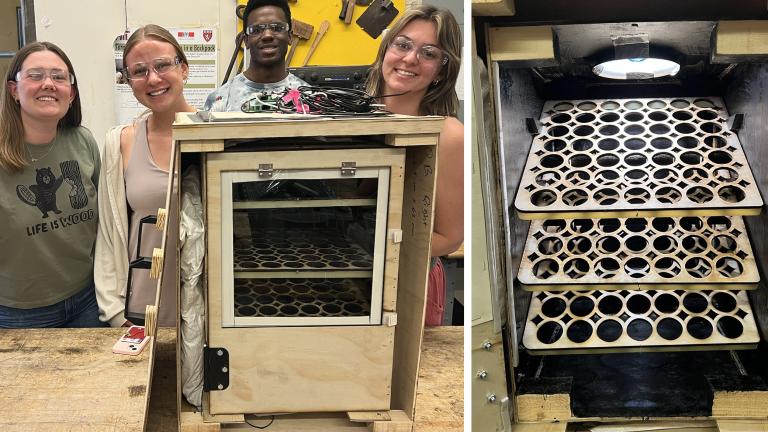 Students in the D-Lab course 2.651 / EC.711 designed an egg incubator system for rural poultry farmers in Cameroon. From left to right: Lilly Heilshorn, Maeve McGinnis, Jamel Merritt, and Gracie Goll.