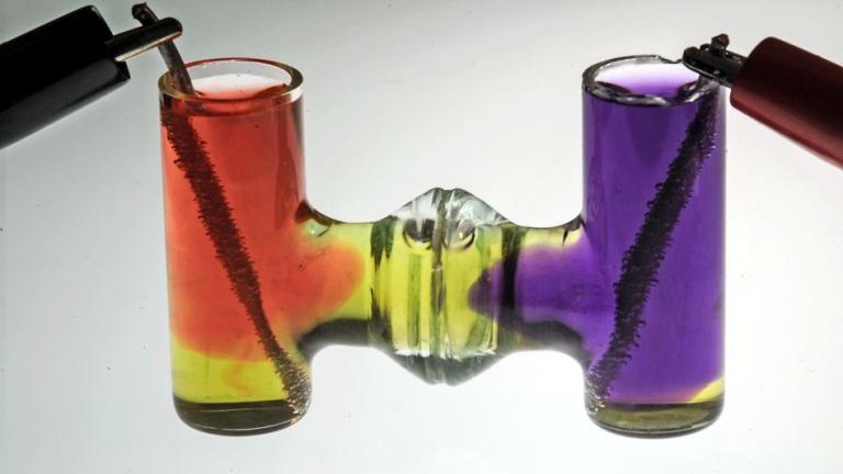 In a demonstration of the basic chemical reactions used in the new process, electrolysis takes place in neutral water. Dyes show how acid (pink) and base (purple) are produced at the positive and negative electrodes. A variation of this process can be used to convert calcium carbonate (CaCO3) into calcium hydroxide (Ca(OH)2), which can then be used to make Portland cement without producing any greenhouse gas emissions. Cement production currently causes 8 percent of global carbon emissions.
