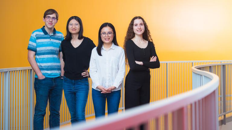 Left to right: Harry Heiberger, Tongtong Liu, Linh Nguyen, and Helena Merker. When Merker, Heiberger, and Nguyen joined the project as first-year students in fall 2020, they were given a sizable challenge: to design a neural network that can predict the magnetic structure of crystalline materials.
