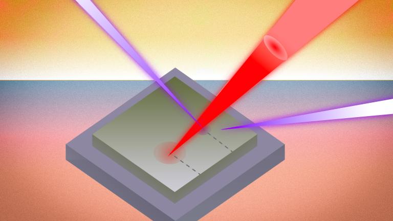 To measure how heat moves through materials, MIT researchers use laser pulses (red) to heat a sample while ultrafast X-rays (purple) penetrate multiple material layers and measure changes as heat dissipates.