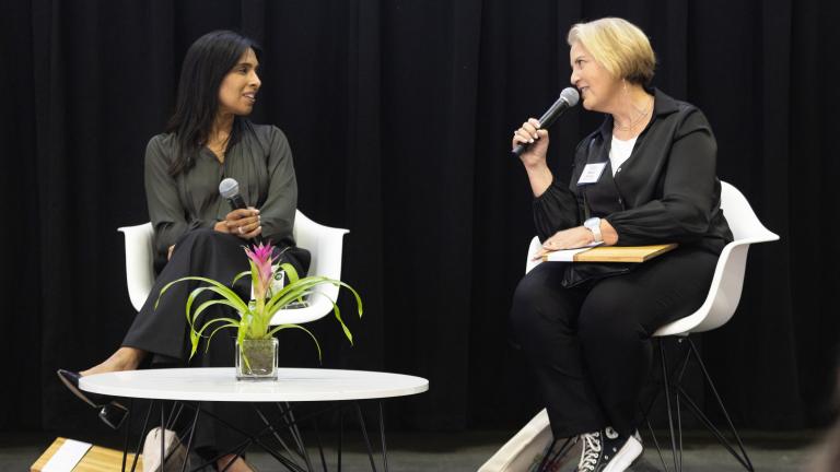 Two Founder Awards were given to MIT Professor Sangeeta Bhatia, left, and Johnson & Johnson Innovation Head Michal Preminger for their work bringing people together to achieve hard things that benefit humanity.
