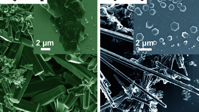 Researchers at MIT and other institutions have found a way to stabilize the growth of crystals of several kinds of metal organic frameworks, or MOFs. This image shows two scanning electron microscopy (SEM) micrographs of Cu3HHTT2 and Co6HHTT3 that can be isolated on-demand with either rod- or plate-like (inset) morphology by varying the synthetic conditions.