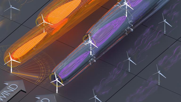 Illustration shows the concept of collective wind farm flow control. Existing utility-scale wind turbines are operated to maximize only their own individual power production, generating turbulent wakes (shown in purple) which reduce the power production of downwind turbines. The new collective wind farm control system deflects wind turbine wakes to reduce this effect (shown in orange). This system increased power production in a three-turbine array in India by 32 percent.