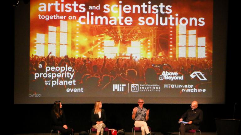 The Artists and Scientists Together on Climate Solutions event included, from left to right: Anna Johnson, Sustainability and Environment Officer at Involved Group; Dr. Dava Newman, the director of the MIT Media Lab; Tony McGuinness of GRAMMY-nominated electronic group Above & Beyond; and moderator John E. Fernández, director of MIT’s Environmental Solutions Initiative.