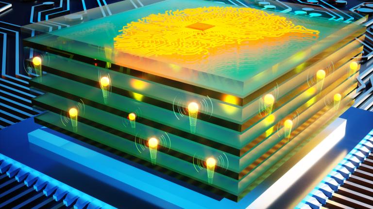 This illustration shows an analog deep learning processor powered by ultra-fast protonics.