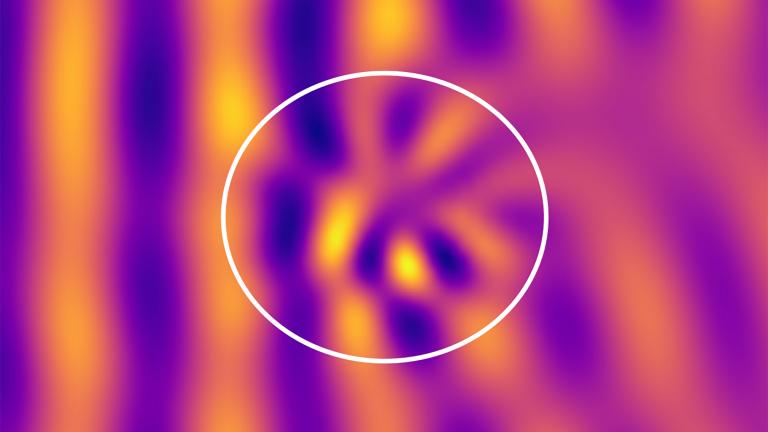 This image shows the electric field scattering from a dense, turbulent plasma filament, which is represented by the white circle. While to the left (upstream) of the filament the wave trajectory is undisturbed, to the right it is distorted, destroyed due to scattering. Understanding this scattering will be key to designing future RF antennas.