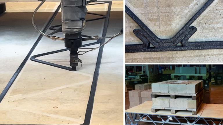 On left, the MIT HAUS large format 3D printer system deposits the first layer of a polymer composite 3D printed floor truss. A closeup of a notched joint is seen on right, and the assembled floor system undergoing a bending test with a ~2,000lb concrete block load in the center. 