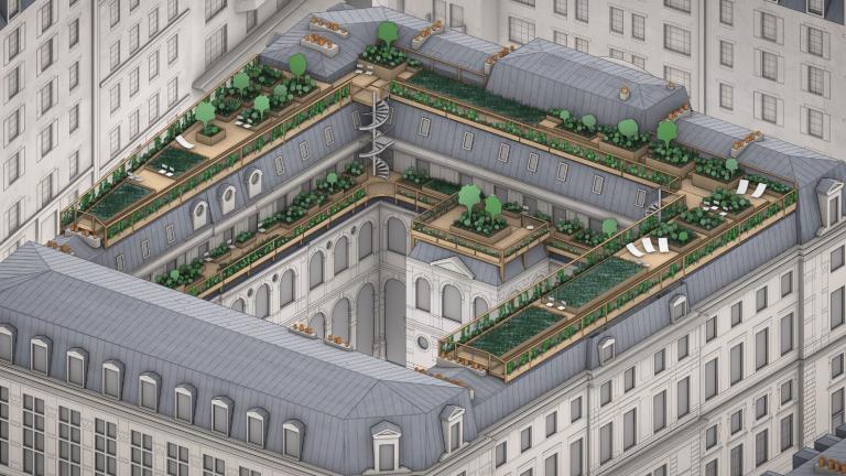 Roofscapes, a startup founded by three MIT students, is planning to build greenspaces on pitched roofs in Paris to decrease temperatures, improve quality of life, and boost climate resilience. Pictured is a rendering of an ongoing pilot project over a former district hall.