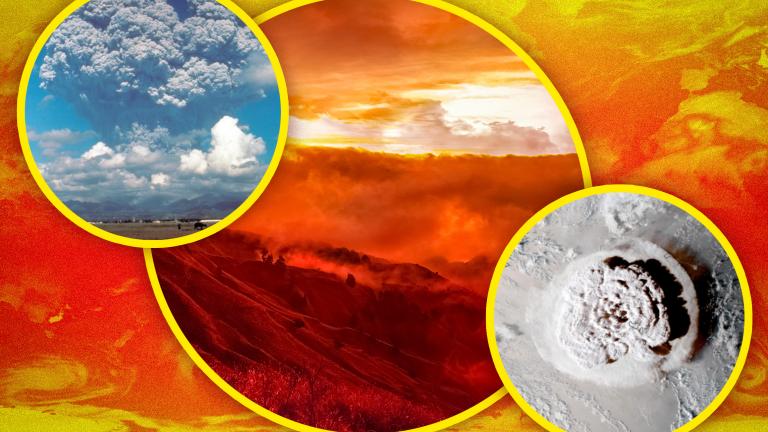 Researchers detected statistically significant changes in global atmospheric temperatures in response to three major natural events: the eruption of Mount Pinatubo in 1991 (inset on left), the Australian wildfires in 2019-2020 (center), and the eruption of the underwater volcano Hunga Tonga in the South Pacific in 2022 (bottom right). 