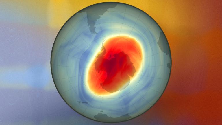 An MIT study finds that smoke particles in the stratosphere can trigger chemical reactions that erode the ozone layer — and that smoke particles from Australian wildfires widened the ozone hole by 10 percent in 2020. This map shows the size and shape of the ozone hole over the South Pole on Oct. 5, 2022.