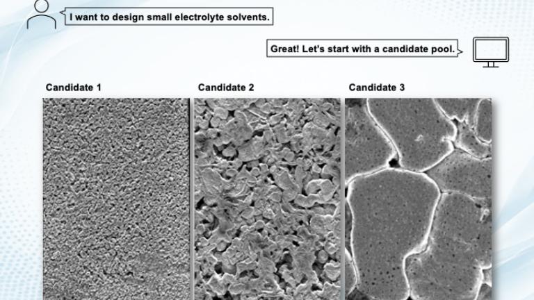 A machine-learning-guided pipeline enables researchers to generate solvent candidate pools on demand, narrow the selections down, and experimentally test the most promising electrolyte recipes. These scanning electron microscopy images show the morphology of sodium-metal deposits obtained from three different electrolyte candidates.