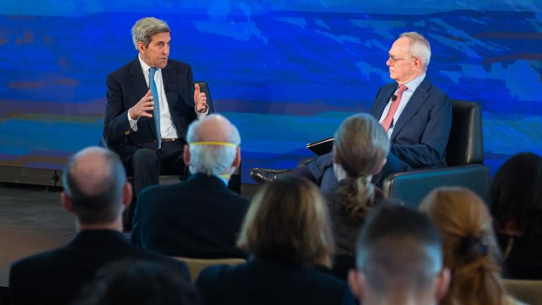 Special Presidential Envoy for Climate John Kerry and MIT President L. Rafael Reif discussed strategies to help the world avert the worst consequences of climate change and make the United States a leader again in bringing technology into commercial use. 