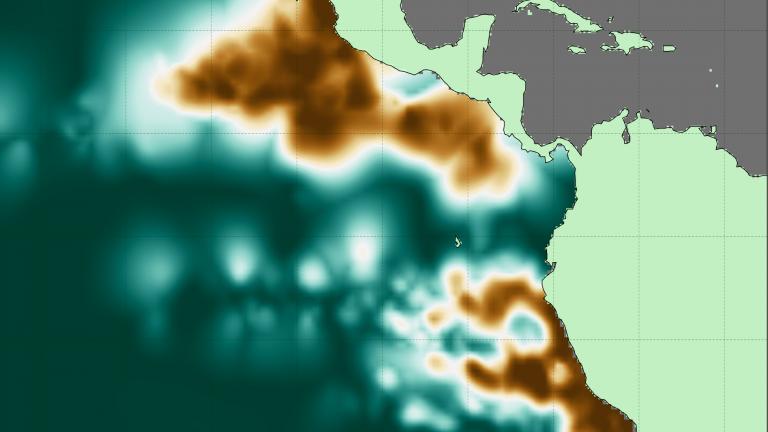 Oxygen deficient zone intensity across the eastern Pacific Ocean, where copper colors represent the locations of consistently lowest oxygen concentrations and deep teal indicates regions without sufficiently low dissolved oxygen.
