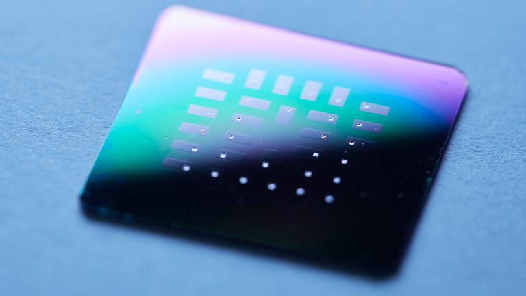 Silicon chip with 30 individual glucose micro fuel cells, seen as small silver squares inside each gray rectangle.