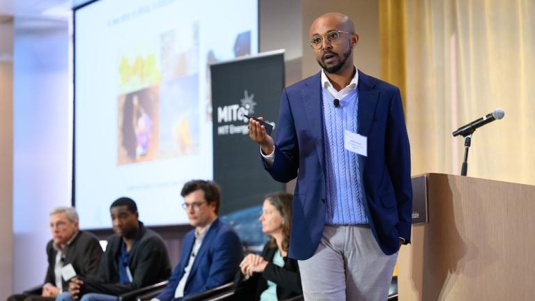 During MITEI’s Spring Symposium, MIT Assistant Professor Iwnetim Abate (right) said that geologic hydrogen opens up the idea of earth as a “factory to produce clean fuels,” utilizing the subsurface heat and pressure instead of relying on burning fossil fuels or natural gas for the same purpose.