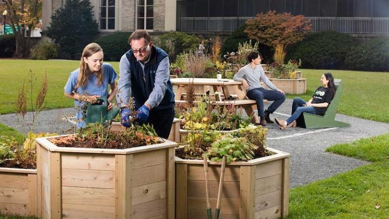 Norman Magnuson (second from left) worked closely with students in the development and maintenance of The Hive sustainability garden.