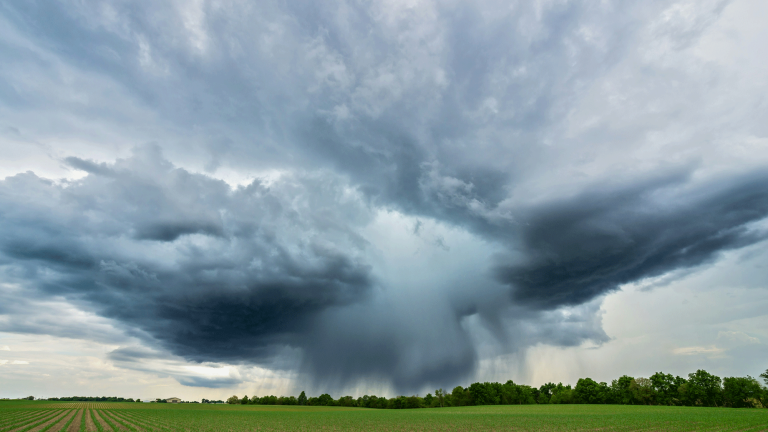 Storm clouds hover over a green field.