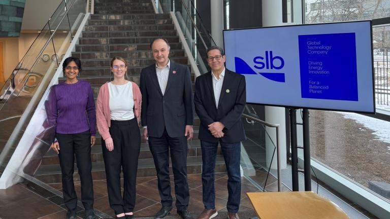 Left to right: Lalitha Venkataramanan, scientific advisor and SLB research center manager; Kelly Gavin, MIT.nano consortium manager; Vladimir Bulović, MIT.nano director and the Fariborz Maseeh (1990) Professor of Emerging Technologies at MIT; and Smaine Zeroug, research director and SLB ambassador to MIT.
