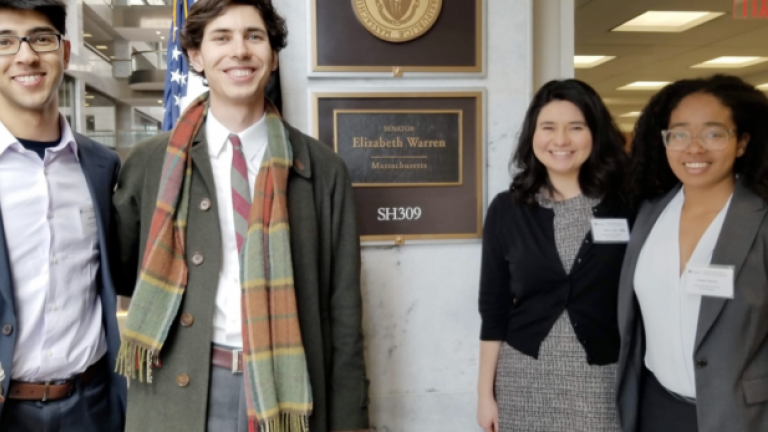 MIT students Rohil Verma, Martin Wolf, Bianca Lepe, and Jordan Harrod prepare for a meeting with the office of Senator Elizabeth Warren