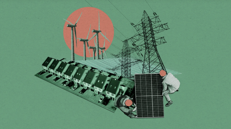 illustration of solar panels, wind turbines and transmission lines