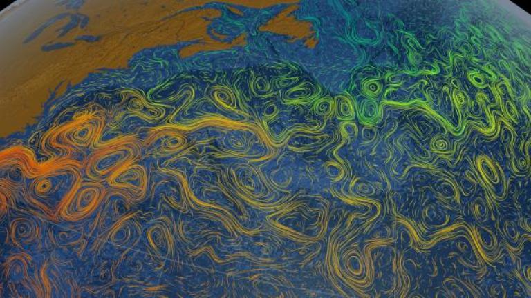 This visualization shows the Gulf Stream's sea surface currents and temperatures.