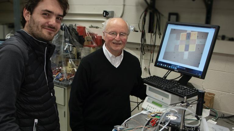 MIT Professor Harry Tuller (right), Visiting Associate Professor Jennifer Rupp, graduate student Thomas Defferriere (left), and colleagues have shown how light can boost the performance of lithium batteries, fuel cells, and other devices based on the movement of ions.