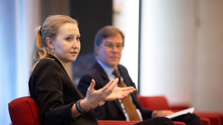 Vice Provost Anne White (left) presented a keynote on the role of the research university before joining MITEI Interim Director Robert Stoner to address audience questions.